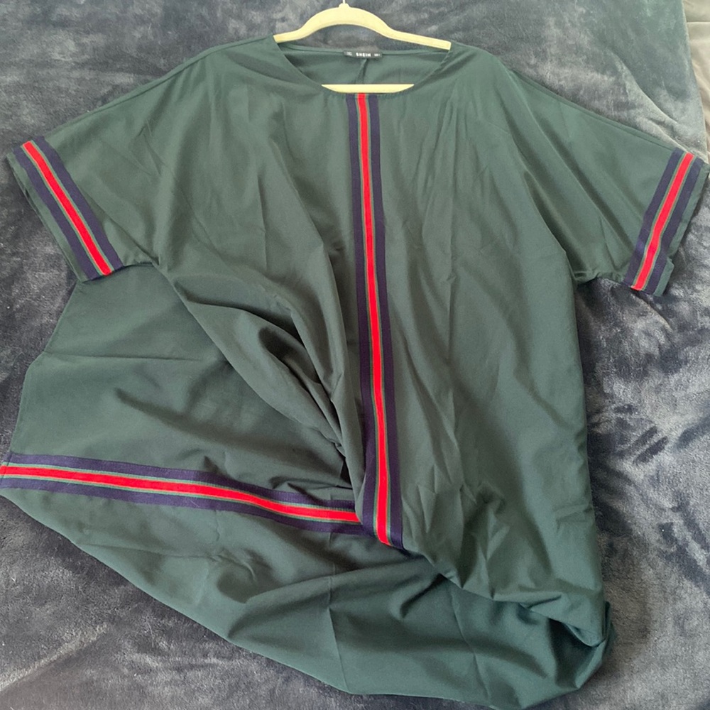 Extra long dark green Tunic dress with pockets:red/green blue stripe. W/ pockets